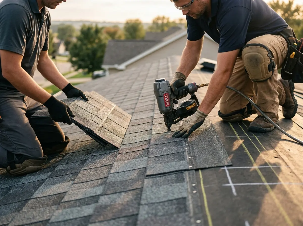 Professional roofer working on a residential roof in Lumberton